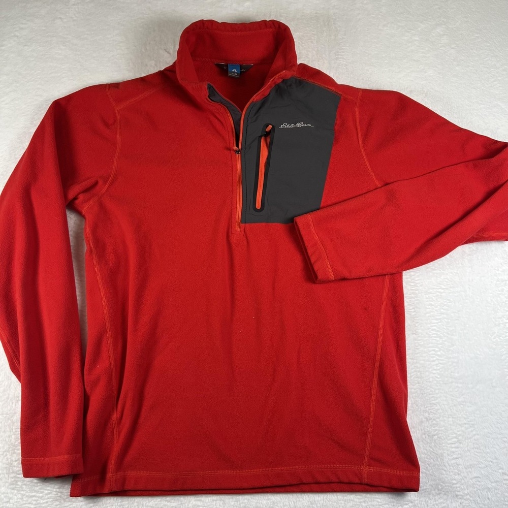 Eddie Bauer Pullover Mens Medium Red 1/4 Zip Fleece Chest Pocket Hiking